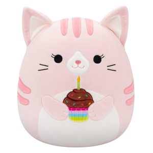 Squishmallows 14" Laura the Pink Tabby Cat Holding Birthday Cupcake | Jazwares
